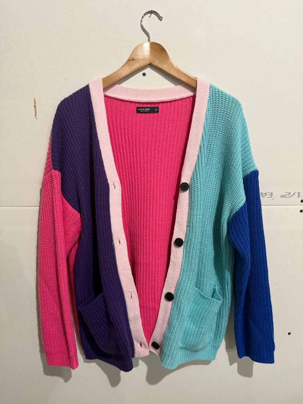 SHEIN Pink, Purple & Aqua Colorblock Button Cardigan